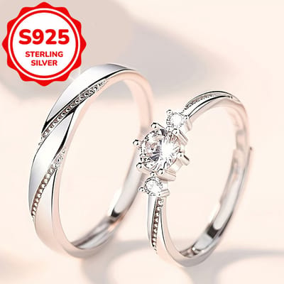 Sjika - S925 Sterling Silver Plated Unisex Koppelring Set – Trouwringen / Verlovingsringen / Vriendschapsringen - One Size – 2-Delige Ringenset met Zirkonia - Cadeau