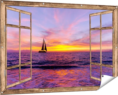 Gards Tuinposter Doorkijk Zeilboot Silhouet bij Zonsondergang - 150x100 cm - Tuindoek - Tuindecoratie - Wanddecoratie buiten - Tuinschilderij