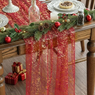 Famanu - Gaas tule glitterfolie rood goud 6 stuks kerst tafelloper 70 x 300 cm, keuken tafeldecoratie binnen vakantie party decoratie
