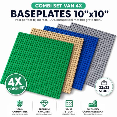 Enluxe Set van 4 Kleurrijke Bouwplaten l 32x32 Noppen | Geschikt voor Diverse Bouwstenen | Kleuren: Grijs, Wit, Blauw, Groen | Perfect voor Creatieve Bouwprojecten