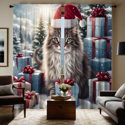 2 pièces HD Montagne enneigée de Noël portant un chapeau de Noël Chat russe boîte cadeau rideau décoratif Cravate noire imprimé numérique curta W52H63inchW132H160cm gray