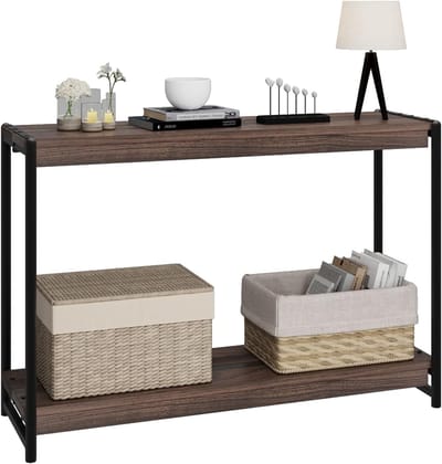 Smal Sidetable - Consoletafel met 2 Niveaus - Industrieel & Landelijk Design - Haltafel - 100 x 35 x 80 cm - Donker Walnoot & Zwart Metaal