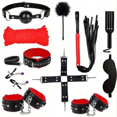 Oneay BDSM 11-delige luxe bondage set, zwarte leren bondage-set met handboeien, halsband, touw, peddel en masker, voor volwassen stellen - Rood