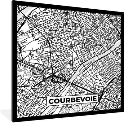 Fotolijst incl. Poster Zwart Wit- Stadskaart - Courbevoie - Plattegrond - Kaart - Frankrijk - Zwart wit - 40x40 cm - Posterlijst