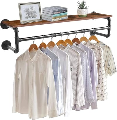 Solvix Kledingrek – Kledinghangers – Kledingrek Metaal – Kledingstang Wandmontage – Industrieel Design met Houten Plank – Voor Slaapkamer en Hal