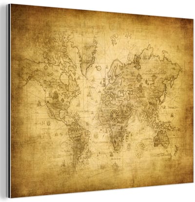 Aluminium schilderij 160x120 cm - Wanddecoratie metaal - Wereldkaart - Retro - Papyrus - Metalen muurdecoratie woonkamer - Decoratie industrieel - Foto op dibond - Industriële accessoires slaapkamer
