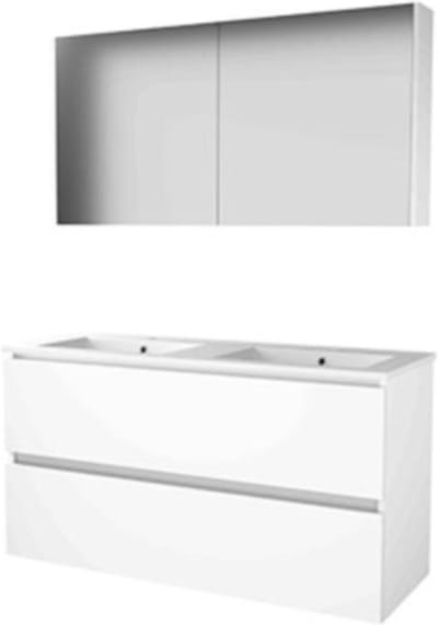 Basic-Line Comfort 46 Badkamermeubelset - 120 x 46 cm - Greeploos - 2 Lades - Keramische Wastafel - 2 Kraangaten - Spiegelkast - Ice White
