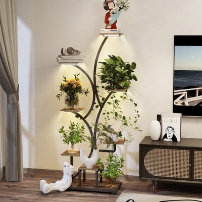 Famanu - Plantenrek met groeilamp, 8-laags metalen bloemenstandaard, hoge plantenhouder voor binnen, decoratief ontwerp