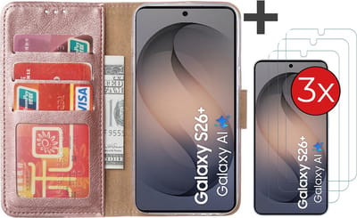 Hoesje met 3 Stuks Screenprotectors Geschikt voor Samsung Galaxy S26 Plus – Arara bookcase met pasjeshouder - Rosegoud