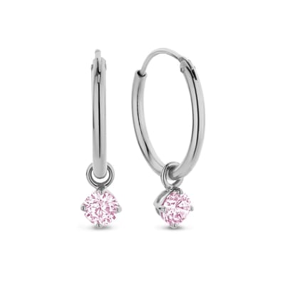 New Bling 9NB-1201 Zilveren Oorringen met Zirkonia hangertje 3mm - Roze - 15 mm - Rhodium - Zilver