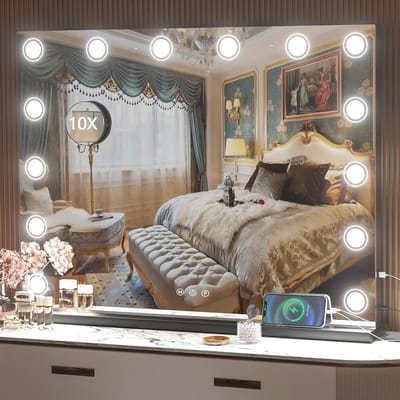 Make-upspiegel met Verlichting en 10x Vergroting - 58 x 48 cm LED Oplichtspiegel met 3 Dimbare Kleuren en USB Oplaadfunctie