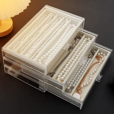Sieradenopbergdoos voor kettingen, Acryl organizer met fluwelen lade, Stofdichte display case voor vrouwen en meisjes (Beige, 3 lades)
