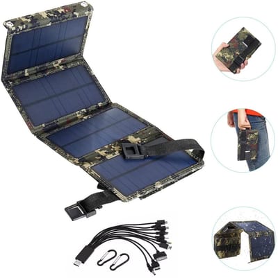 20W Uitgang USB 5V Zonnepaneel, Opvouwbare buitenzonnelader met USB-oplader voor kamperen, campers, boten, smartphones, laptops, GPS-tablets, duurzaam, hoogwaardig zonnepaneelpakket - camouflagekleur - Cyslmuk®
