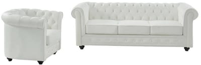 Vente-unique Driezitsbank en fauteuil van buffelleer CHESTERFIELD - Wit