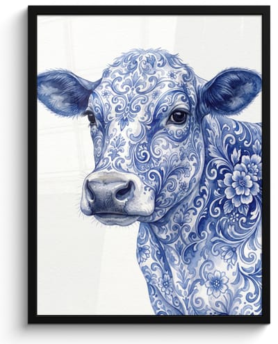 Poster in lijst - Fotolijst 60x80 cm - Posters - Illustratie - Koe - Blauw - Posterlijst zwart - Decoratie - Wanddecoratie woonkamer - Muurdecoratie slaapkamer