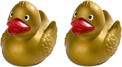 Badeendjes - Set van 2x stuks - goudkleurig - 8 cm - gouden drijvende badeend - speelgoed