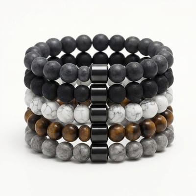 5-delige Natuurstenen Armbanden set – Voor heren en dames Elastische Kralenarmbanden – Handgemaakt – Lava, Howliet, Tijgeroog & Marmerlook