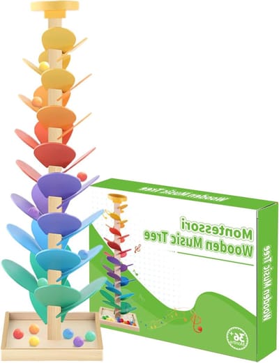 Houten Knikkerbaan - Kleur Sorteer Speelgoed - Cognitieve Ontwikkeling - Muziek en Beweging - 73 cm Hoog - Houtkleur