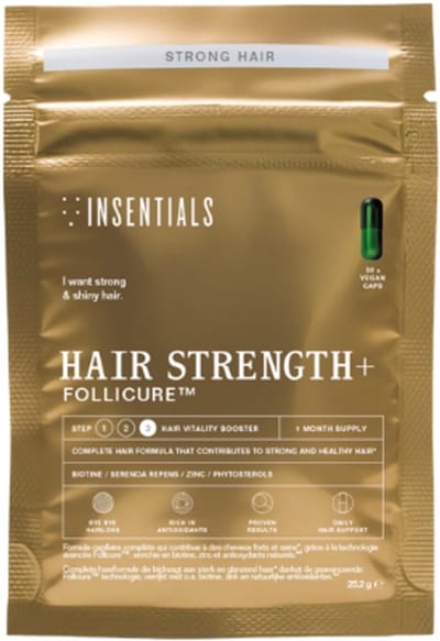 Insentials - Hair Strength+ - Complete formule tegen haaruitval mannen en vrouwen - Follicure™ - Zuivere Serenoa Repens - Biotine - Zink - Natuurlijke fytosterolen - Behoud van bestaand haar - Vertraging kaal worden - Haaruitval na bevalling