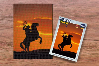 Puzzel Silhouet van cowboy op paard die steigert - Legpuzzel - Puzzel 1000 stukjes volwassenen