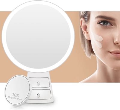 LED Make-up Spiegel met 3 Lichtkleuren en Dimbare Functie - Staande Cosmetica Spiegel met 10x Vergroting en Geheugenfunctie
