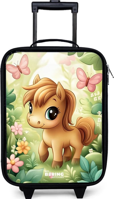 NoBoringSuitcases.com® - Kinderkoffer jongen - Kindertrolley meisje - Paard - Bloemen - Vlinders - Koffer kind lichtgewicht - Reiskoffer trolley voor kinderen - Koffertje met lichtgevende wieltjes - Rolkoffer zwart