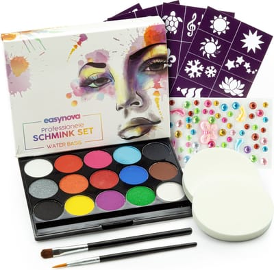Easynova Complete Schmink Set voor Kinderen en Volwassenen op Waterbasis - 15 Kleuren - Schmink Sjablonen - Schmink Voor Carnaval