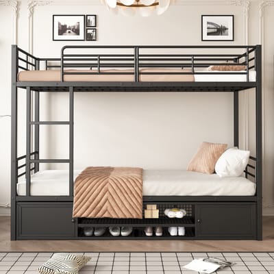 MODENUIT Stapelbed 90x200 cm – Met Zijladder en Valbeveiliging – Schoenrek en 2 Kastjes – Zonder matras – Metaal – Zwart