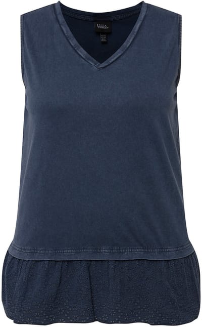 Ulla Popken - Dames - Top rand met borduursel V-hals mouwloos - Marine - Maat 58+