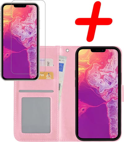 Hoesje Met Screenprotector - Geschikt voor Apple iPhone 14 - Luxe Pasjeshouder - Bookcase Portemonee - Flip Case - Kunstleer Book Case - Flipcase - Book Cover - Walletcase - Portemonneehoes - Lichtroze