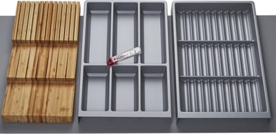 Orga-Box Vario SET 3 zilvergrijs voor lade van 120 mm: bestekbak, messenhouder, kruidenbak, antislipmat Orga-Weave