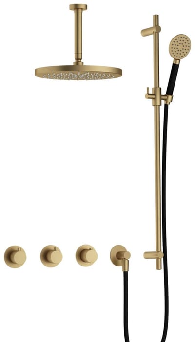 Hotbath Cobber IBS70 inbouw regendoucheset met ronde handdouche aan houder en 30cm ronde hoofddouche aan 15cm plafondarm geborsteld messing