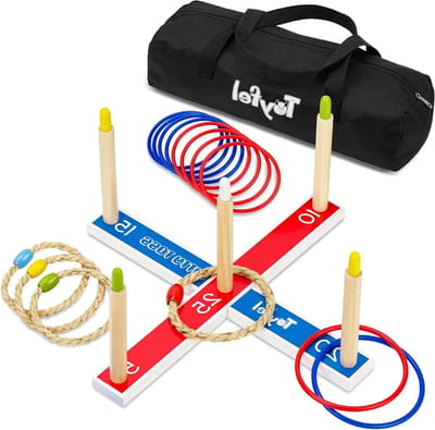 Ring Toss Spel - Werpspel - Buiten Spelen - FSC Gecertificeerd Hout - 15 Ringen - Blauw Rood Naturel