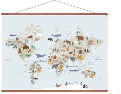Poster In Posterhanger - Wereldkaart Dieren - 50x70 cm - Kader Hout - Ophangsysteem - Kinderkamer - Eduactief - Schoolplaat