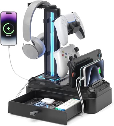 Hoofdtelefoonstandaard met USB A en C oplaadpoorten, controllerhouder en afneembare haak voor gaming desk organizer met ruimte voor telefoon en tablet