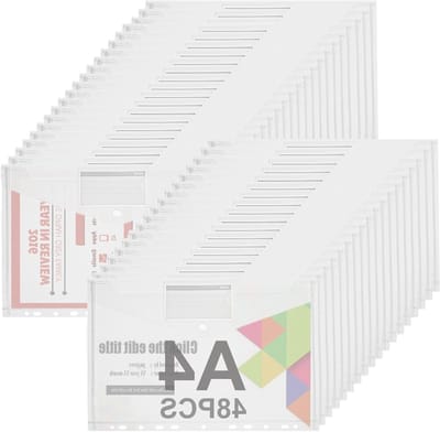 Set van 48 A4 documentmappen met 11 gaten, transparante verzamelmappen en drukknop voor organisatie van documenten
