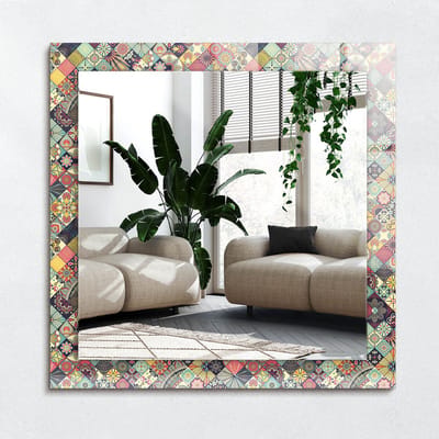 Wallfluent Spiegel - Kleurrijke Patchworkpatronen Vierkante Spiegel - 60x60 cm - Kleurrijk Spiegel op gehard Glas - Spiegel met decoratief motief - Badkamerspiegel - Gangspiegel - Eetkamer - Make-up Spiegel - Luxe Spiegel