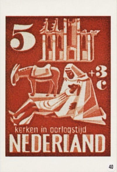 Briefkaart met afbeelding kerken in oorlogstijd postzegel