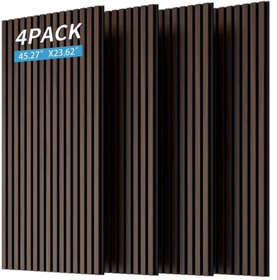 Pugsdrly Houten panelen voor wandlamellenpanelen, 4-delige akoestische panelen met houten lamellen voor wand en plafond - 3D-geribbeld geluidsabsorberend paneel met drie zijden volledig omwikkeld met houten afwerking - 115 cm x 60 cm (Donker walnoot)