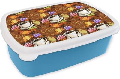 Broodtrommel Blauw - Lunchbox - Brooddoos - Koffie - Croissant - Patronen - Ontbijt - 18x12x6 cm - Kinderen - Jongen