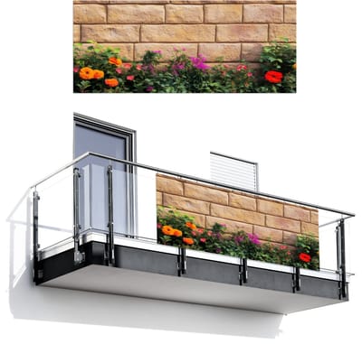 Balkonscherm 300x120 cm - Balkonposter Bloemen - Bakstenen - Kleurrijk - Balkon scherm decoratie - Balkonschermen - Balkondoek zonnescherm