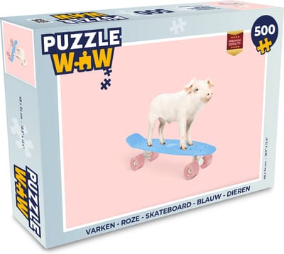 Puzzel Varken - Roze - Skateboard - Blauw - Dieren - Legpuzzel - Puzzel 500 stukjes