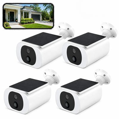 4MP/2K Solar Beveiligingscamera voor Buiten, Draadloze WiFi Camera met Accu, PIR Bewegingssensor, Audio en Kleuren Nachtzicht 4pcs