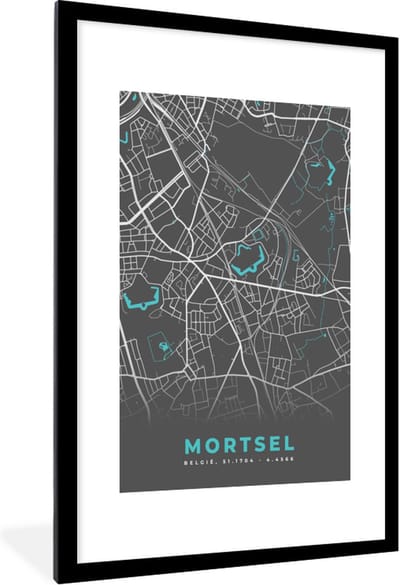Fotolijst incl. Poster - Stadskaart – Grijs - Kaart – Mortsel – België – Plattegrond - 80x120 cm - Posterlijst