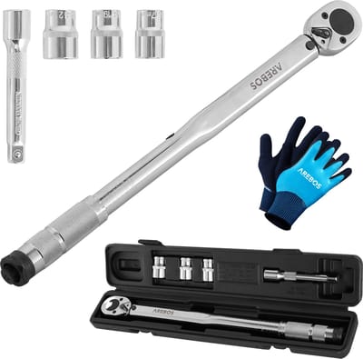 AREBOS Momentsleutel 6-delige set | 40-210Nm, 1/2'' inch | incl. dopsleutels 17, 19 en 21 mm, verlenging, montagehandschoenen & koffer | tolerantie +/- 4% | bandensleutel auto