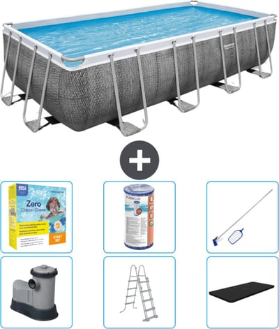 Bestway Rechthoekig Power Steel Zwembad - Rattanprint - 549 x 274 x 122 - Inclusief Pomp - Ladder - Afdekzeil Onderhoudspakket - Filter - Schoonmaakset