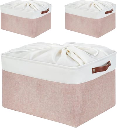 Famanu – Rechthoekige Opbergdozen van Stof, Meerdere Maten, Materiaal Container Mandjes voor Plank, Kledingkast, Speelgoed en Kleding, 45 x 35 x 24 cm, Roze en Wit (XL, 3-Pack)