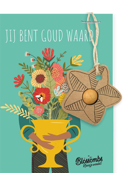 Blossombs Wenskaart met Zaadbom - Jij bent goud waard! - Hanger met Bloembommetje