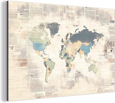 Wanddecoratie Metaal - Aluminium Schilderij Industrieel - Wereldkaart - Vintage - Pastel - 120x80 cm - Dibond - Foto op aluminium - Industriële muurdecoratie - Voor de woonkamer/slaapkamer
