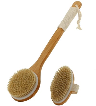 GELLDG 2 Stuks Badborstel - Rugborstel - Lichaamsborstel - Met Houten Handvat - Hangontwerp - Droogt Af - Geschikt voor Peel en Massage - Afmetingen: Badborstel 122mm*65mm*34mm, Lichaamsborstel 105mm*400mm*16mm